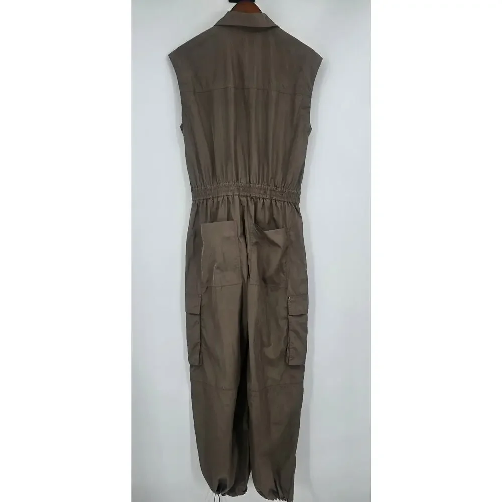 Pistola Becca Utility Jumpsuit Small Smokey Brown Cargo Minimalist Zip Front - Picture 4 of 6